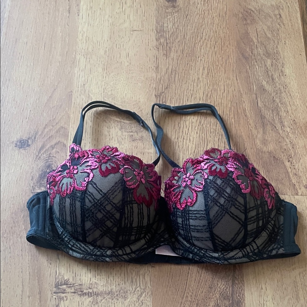 Victoria's Secret Black and Pink Floral Lace Bra lightly worn